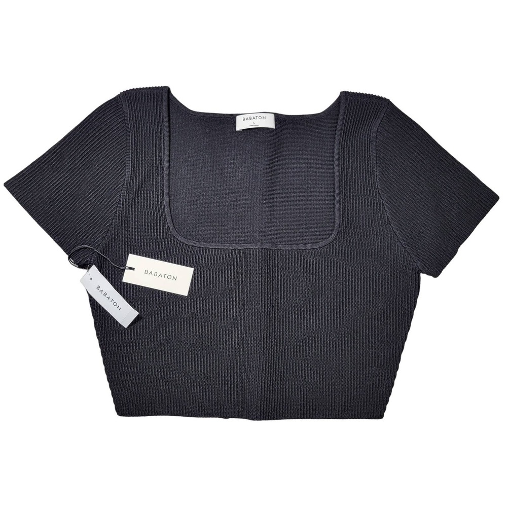 Babaton‎ Adelaide Sculpt Knit Black Short Sleeve Square Neck Crop Top Size L
